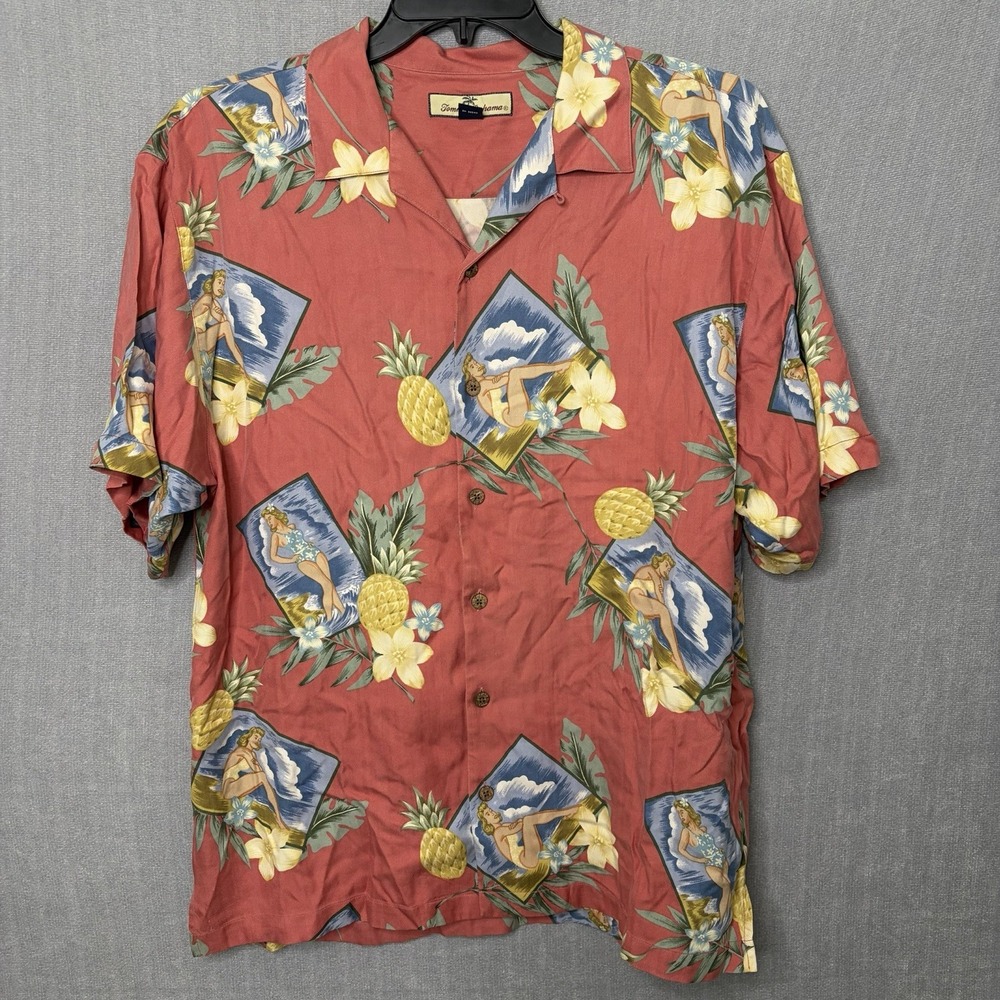 Tommy Bahama Hawaiian  100% Silk Shirt Exotic Print Pinneaple Large Wood bottoms
